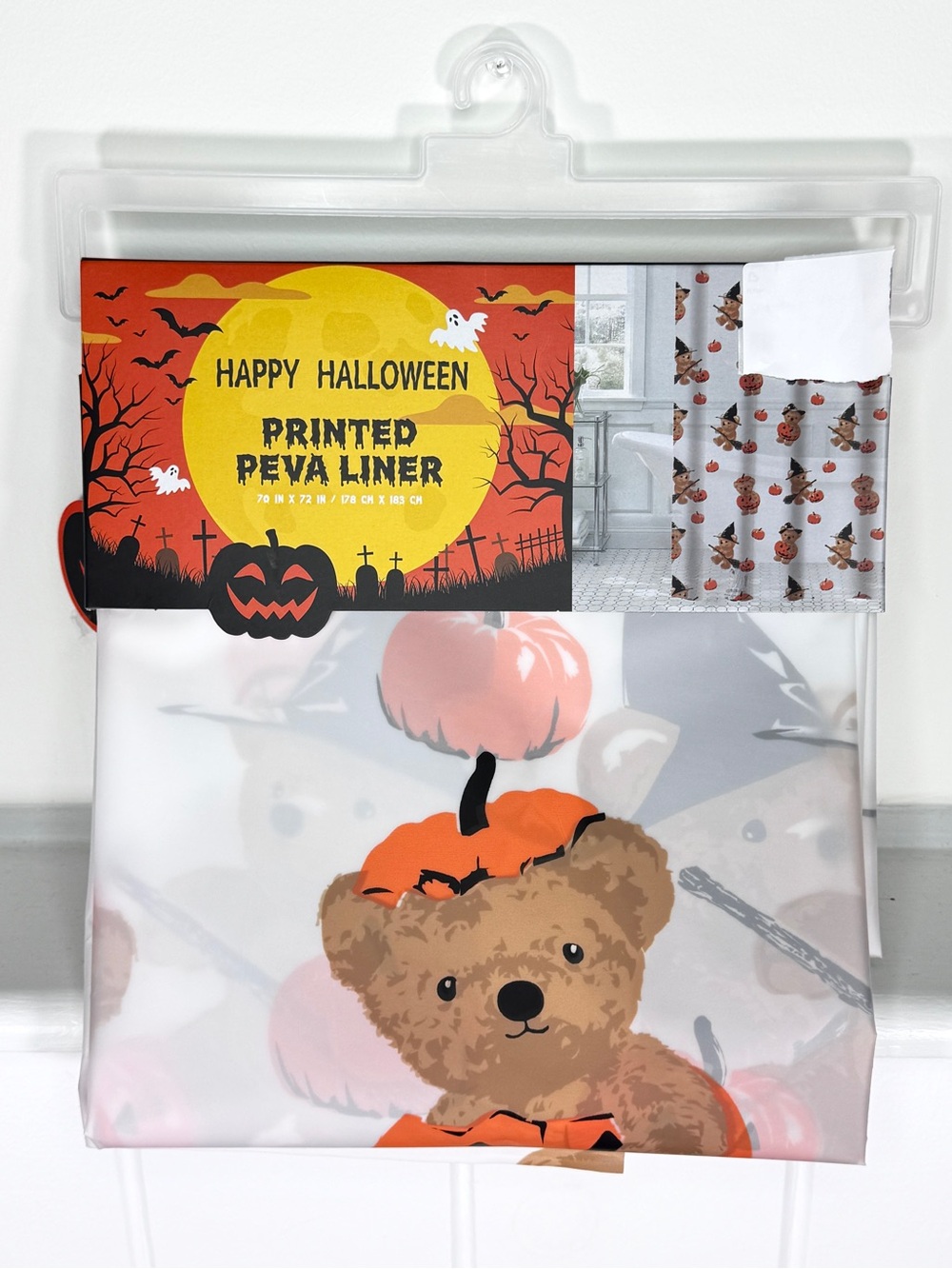 NEW Happy Halloween Teddy Bear Pumpkin PEVA Shower Curtain Liner